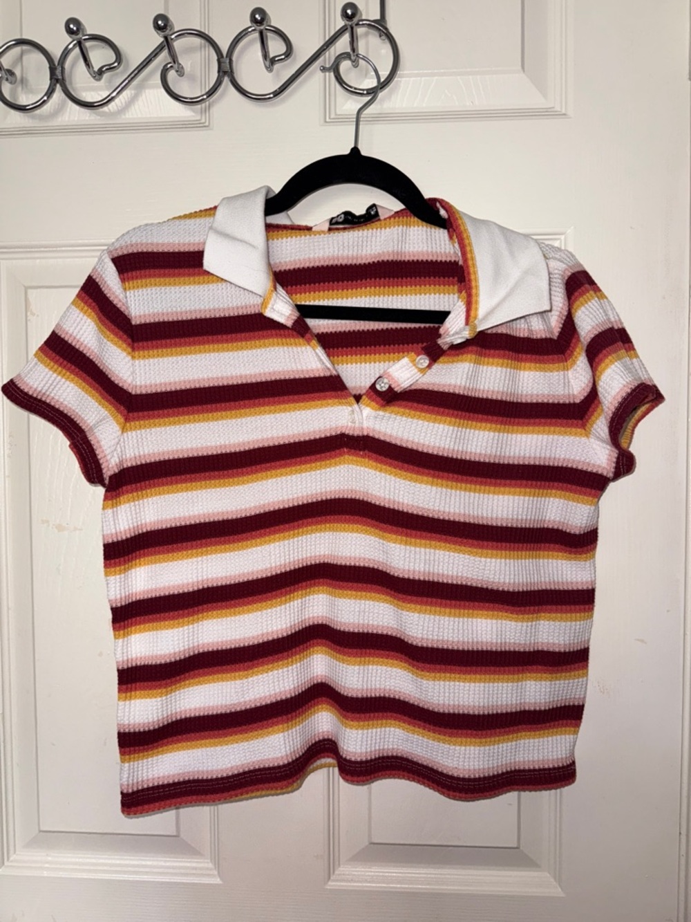 SO Striped Polo Crop Top in White, Burgundy & Mustard